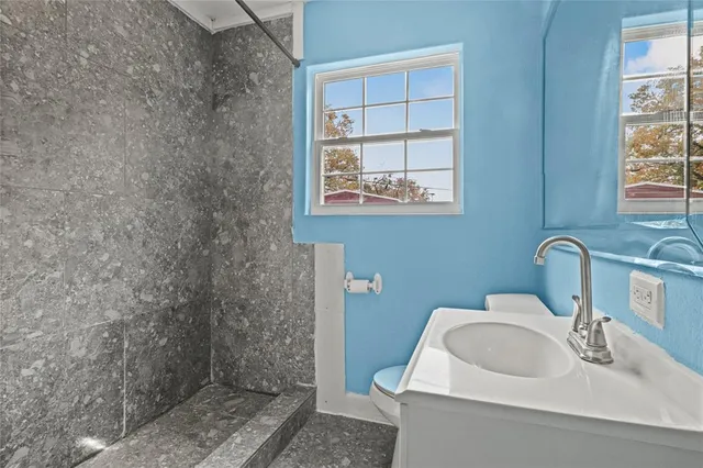 a bathroom with a sink a toilet and a mirror