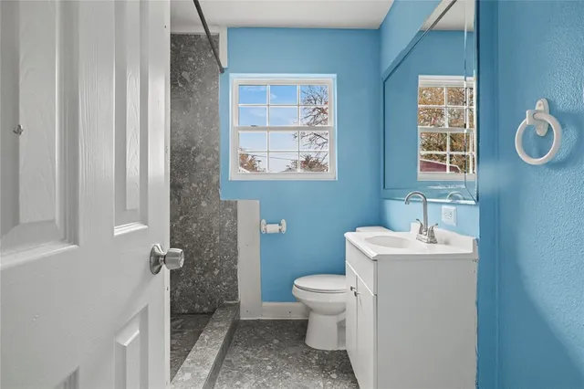 a bathroom with a toilet sink and mirror