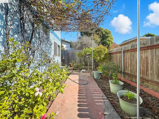 a garden view with a seating space