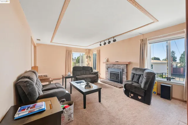 a living room with furniture and a fireplace