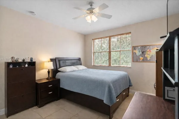 a bedroom with a bed and a flat tv screen on the dresser