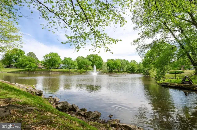 a view of a lake with houses in the background