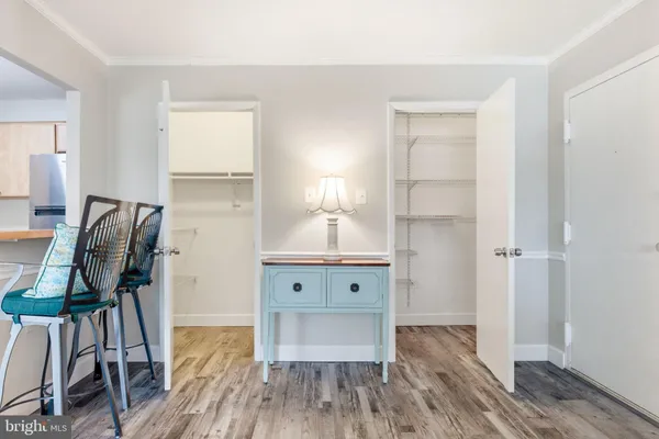 a view of a room with racks on the wall