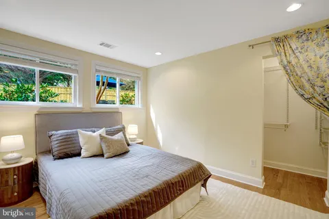 a view of a garden with large trees