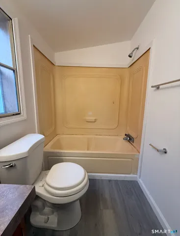 a bathroom with a toilet and a bath tub