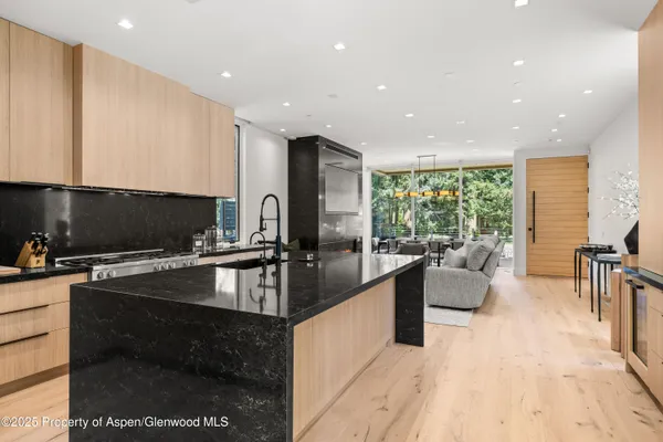a kitchen with stainless steel appliances granite countertop a sink counter space and living room view