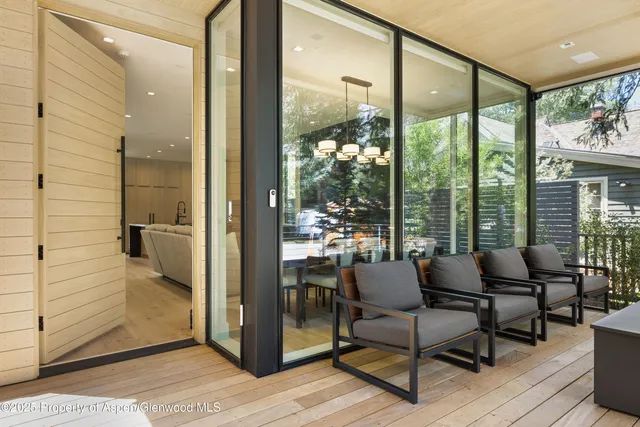 a balcony with furniture