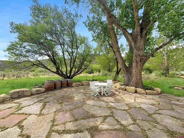a view of backyard with table and chairs and a large tree