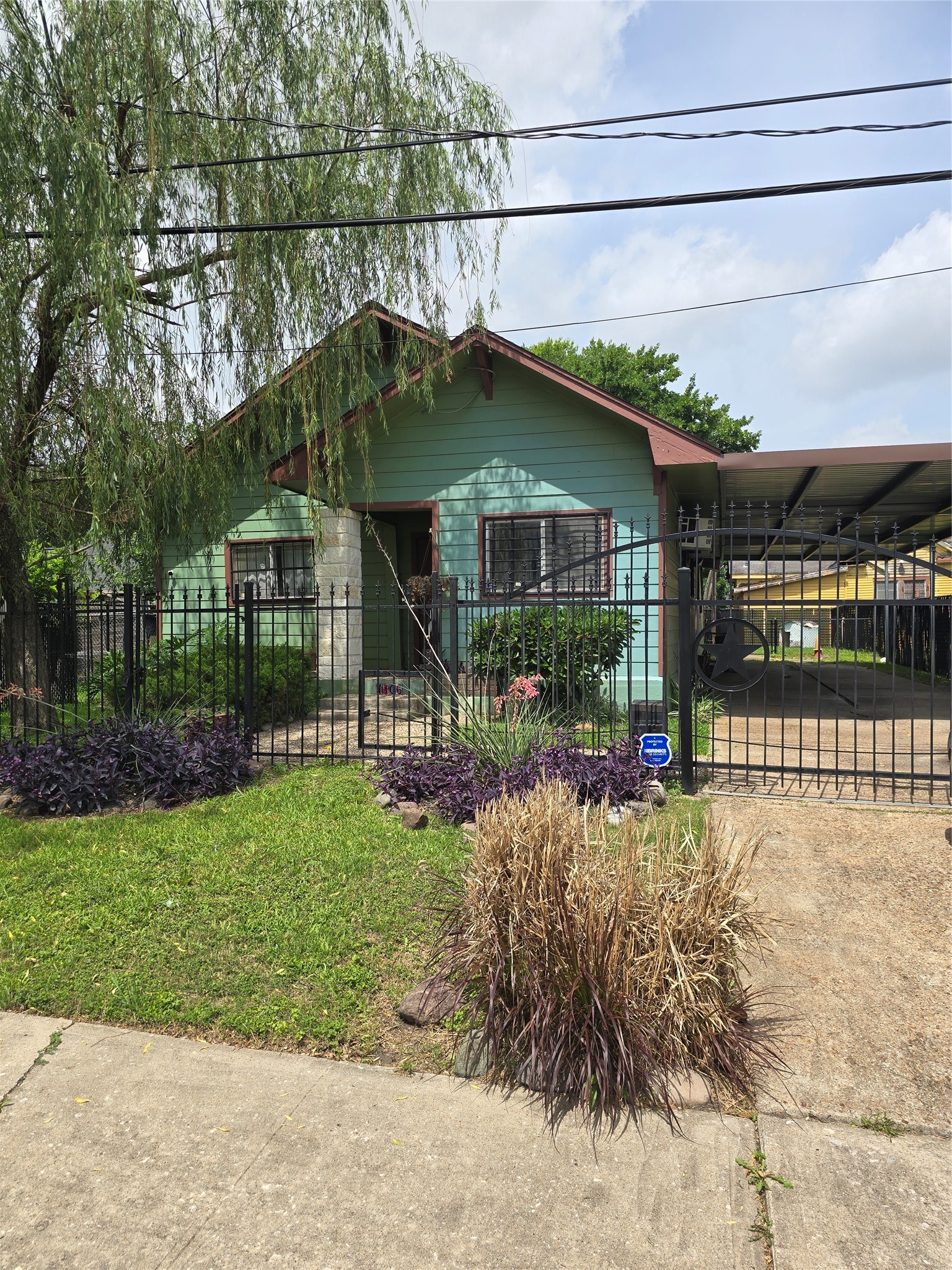a front view of house with a garden