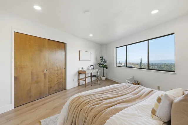 a view of a room with wooden floor and closet