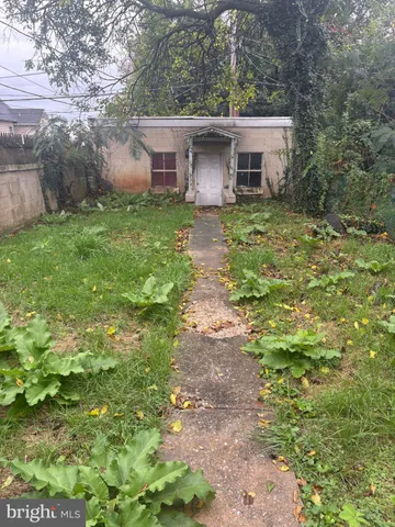 a backyard of a house with large trees and plants