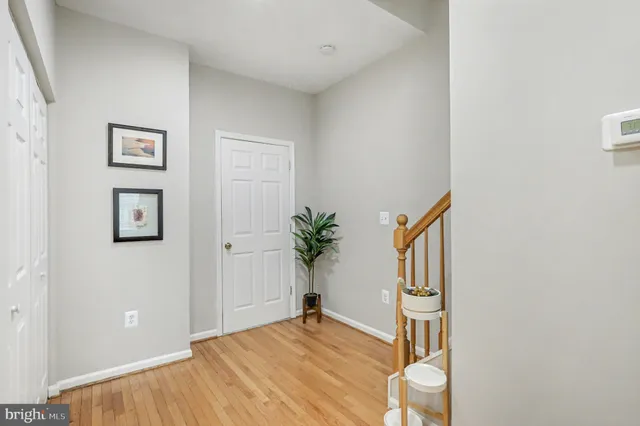 a view of a bedroom with wooden floor and a potted plant
