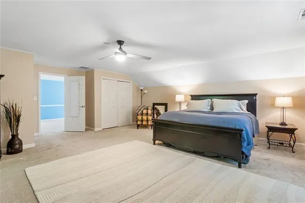 a view of a yard with large trees