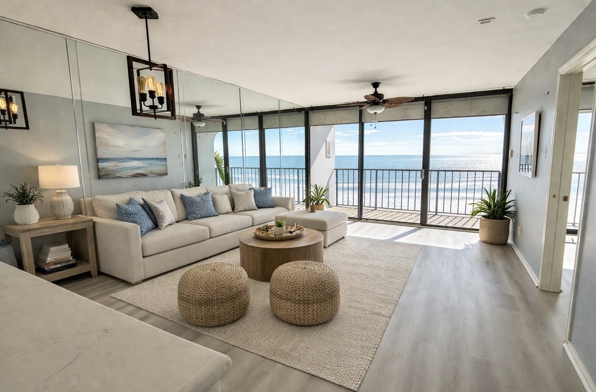 a living room with furniture and a floor to ceiling window
