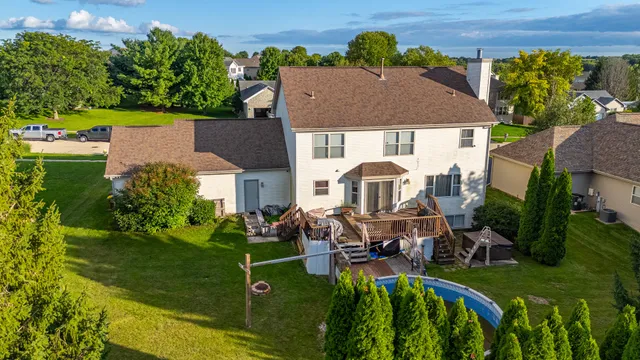 an aerial view of a house with garden