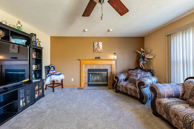 a living room with furniture and a fireplace