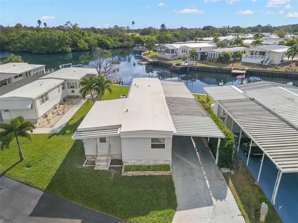 a aerial view of a house with a patio