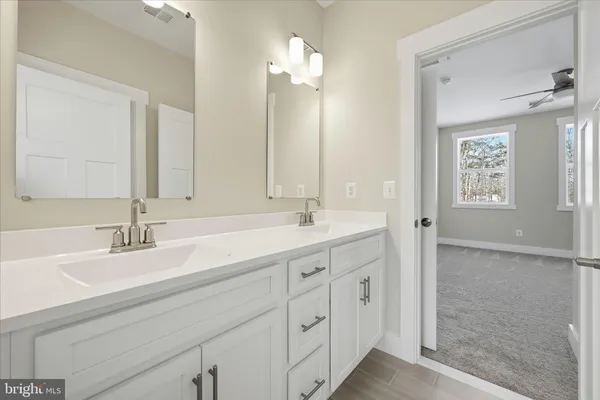 a bathroom with double sink and a mirror