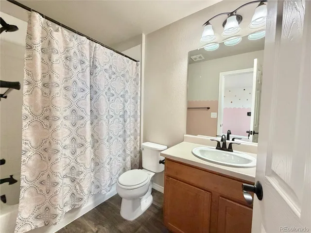 a bathroom with a sink a toilet and shower curtain