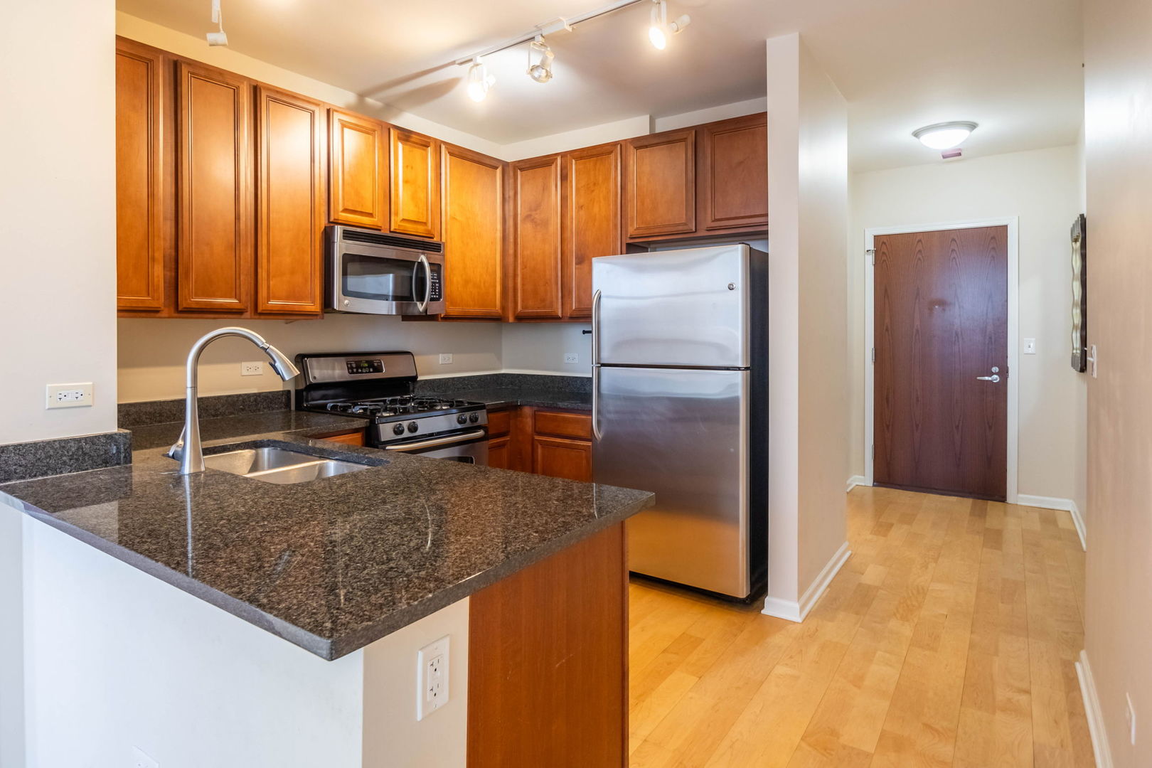 1255 South State Street, Unit 905 Chicago, IL 60605 - Photo 5 of 24 a kitchen with granite countertop a refrigerator a sink a stove a microwave and island
