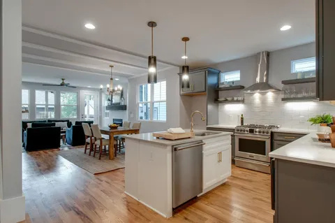 a kitchen with lots of counter top space