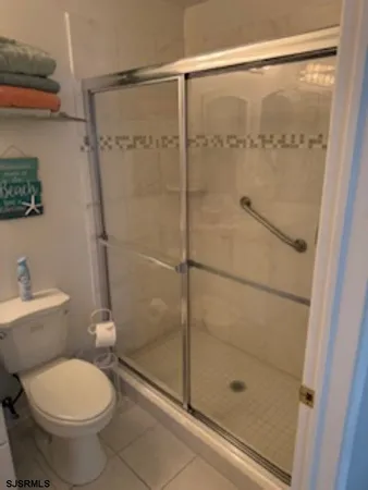 a bathroom with a shower and a toilet