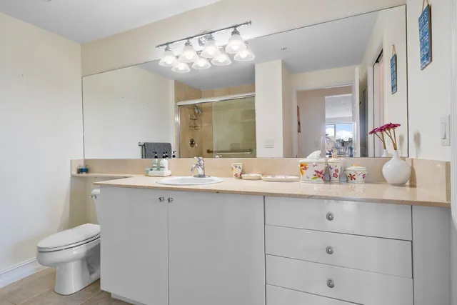 a bathroom with a sink vanity and toilet