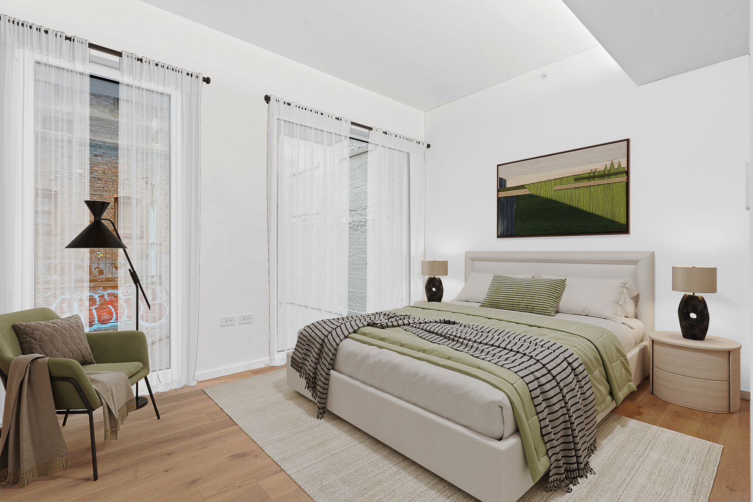 330 Grand Street, Unit 2B Manhattan, NY 10002 - Photo 6 of 16 a bedroom with a bed a mirror and a window