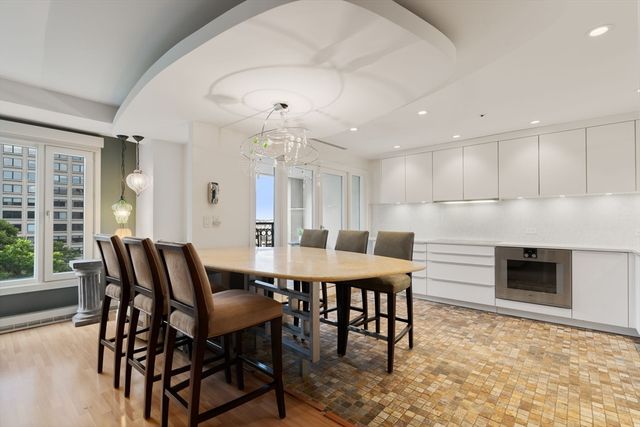 a view of a dining room with furniture