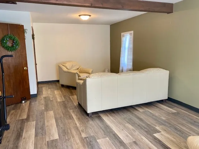 a room with a wooden floor and a rug