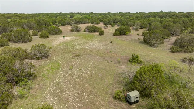 a view of a lush green field with lots of trees