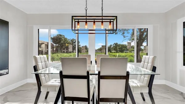 a view of a dining room with furniture window and outside view