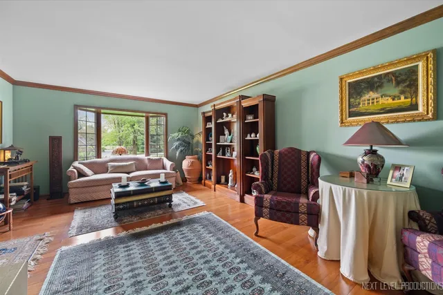 a living room with furniture a rug and a large window