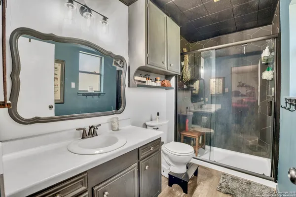 a bathroom with a sink a toilet and shower