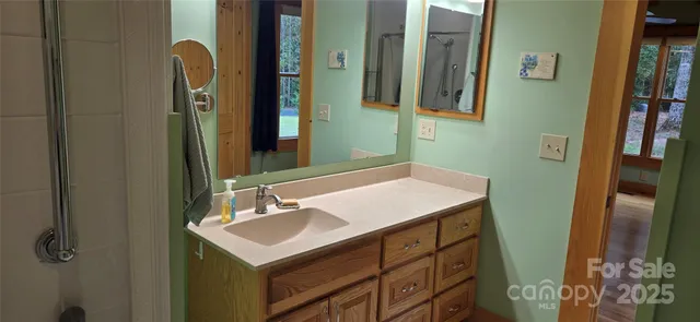 a bathroom with a sink vanity and a mirror