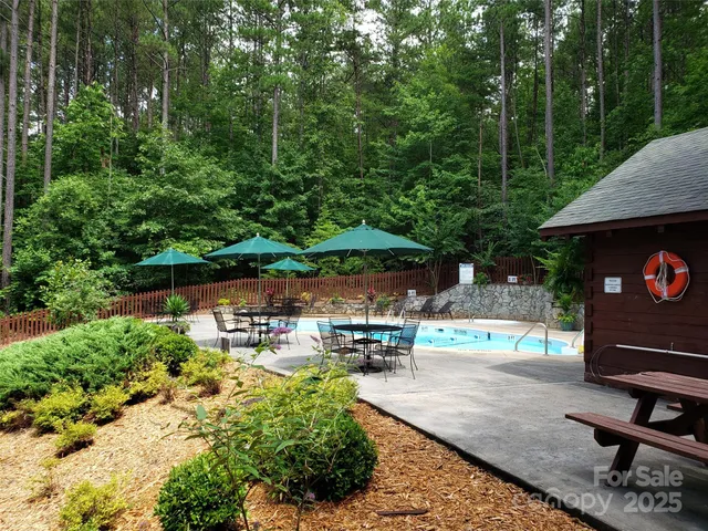 an outdoor space with seating