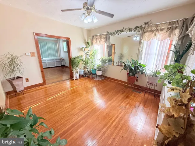 a room with wooden floor and potted plant