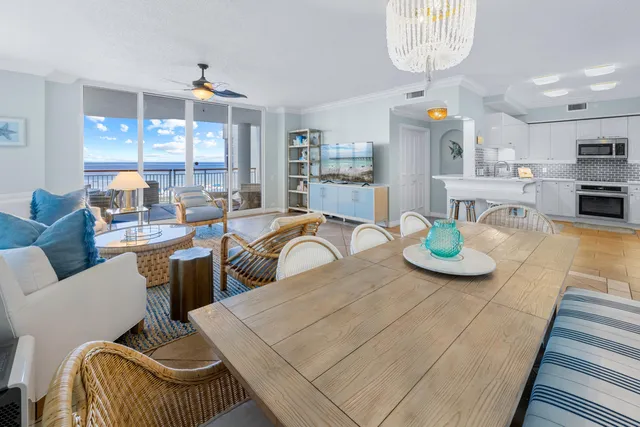 a view of a dining room with furniture