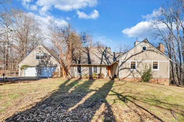 a view of a yard with a large tree
