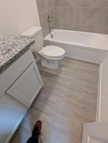 a bathroom with a toilet and a bath tub