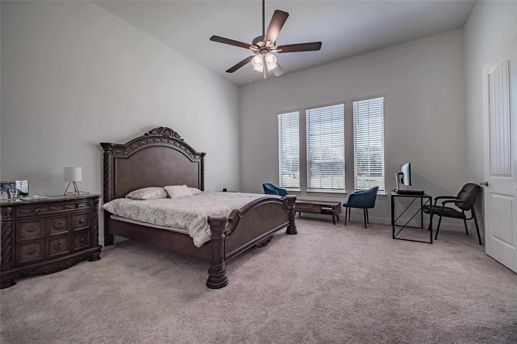 3049 Sage Ranch Drive Leander, TX 78641 - Photo 18 of 23 A spacious primary bedroom with high vaulted ceilings and light-filled windows, creating a serene retreat.