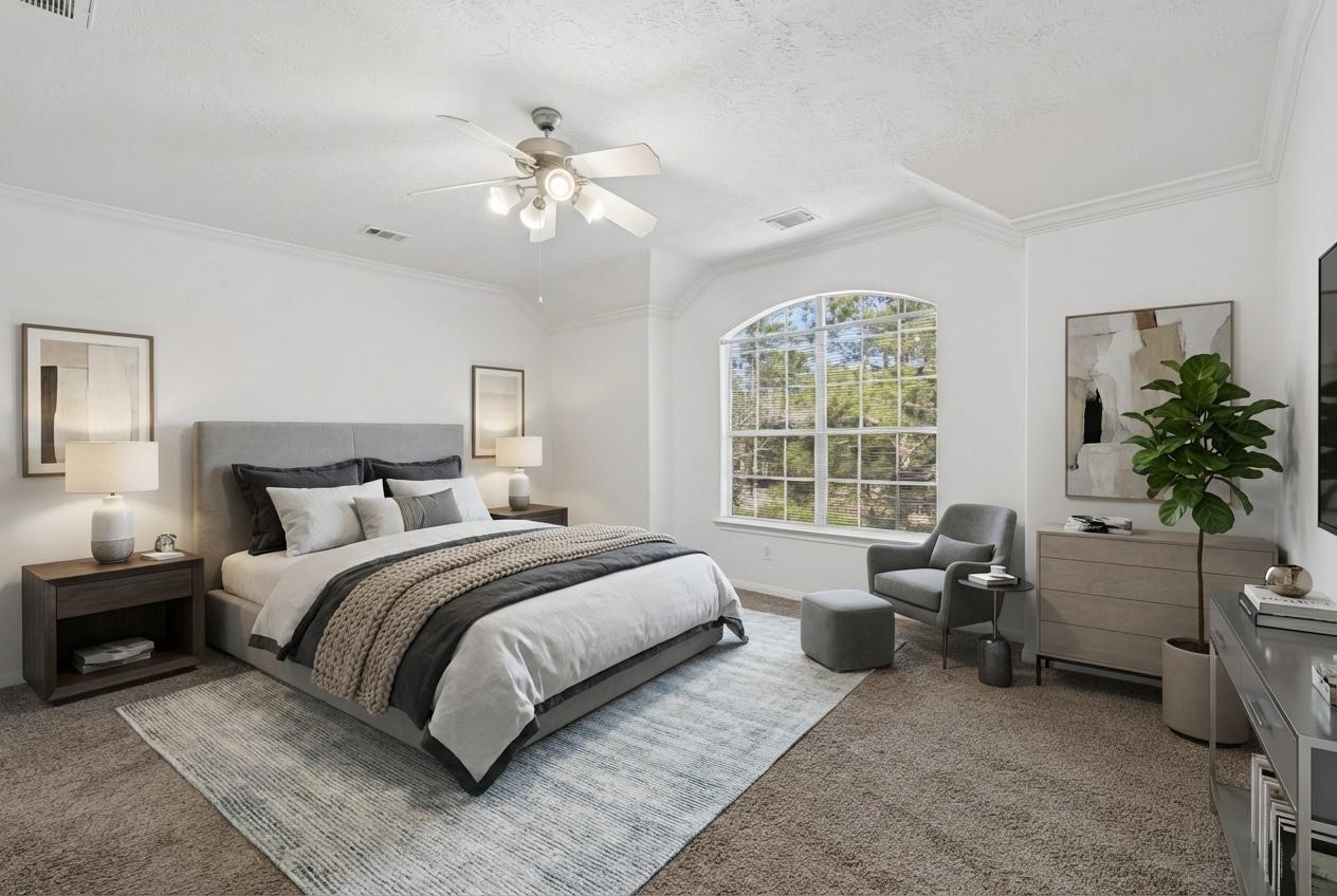 82 West Twinvale Loop Conroe, TX 77384 - Photo 18 of 34 Staged primary bedroom