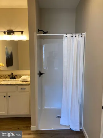a bathroom with a shower and a sink