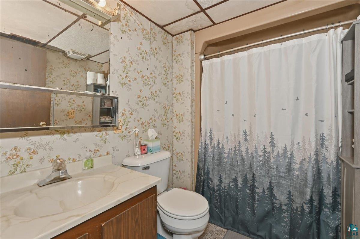 5190 County Road M Gordon, WI 54838 - Photo 19 of 31 Bathroom featuring a built-in wood-finish vanity with an integrated sink and countertop