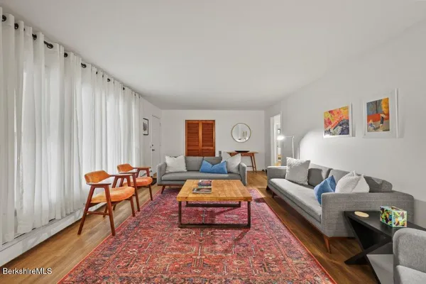 a living room with furniture and a rug