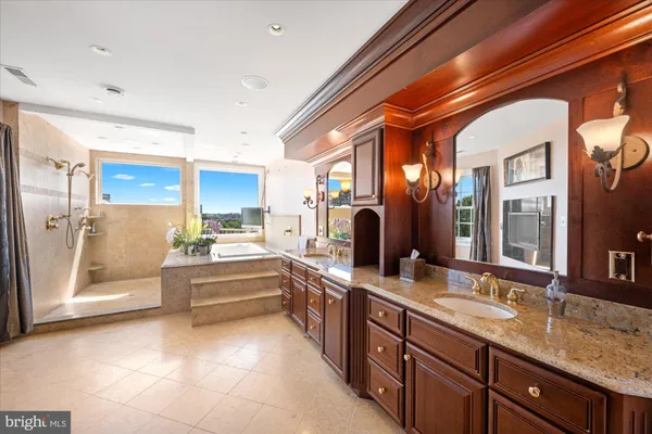 a view of a swimming pool with a patio and garden