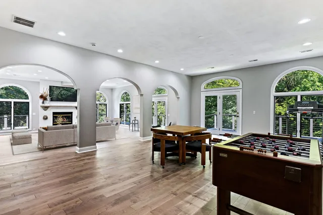 a view of a dining room with furniture window and outside view