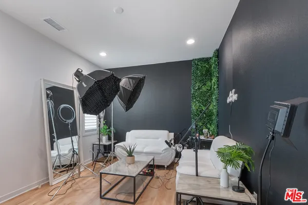 a living room with furniture and a potted plant