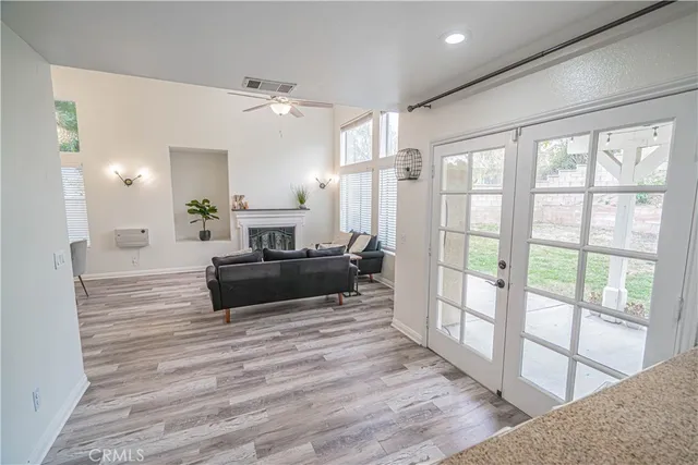 a living room with furniture a fireplace and a potted plant
