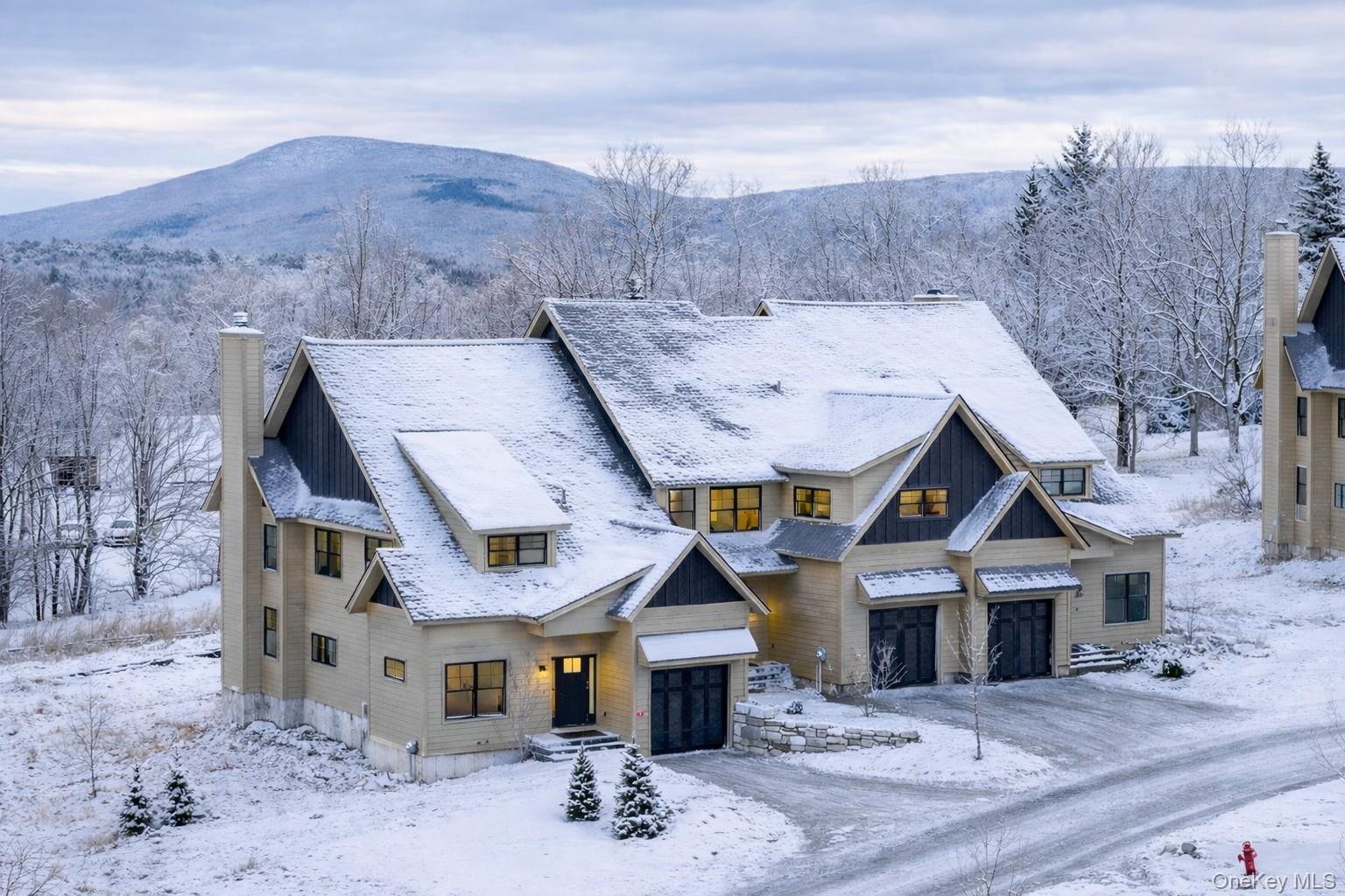 View of front of house featuring a chimney and a mountain view